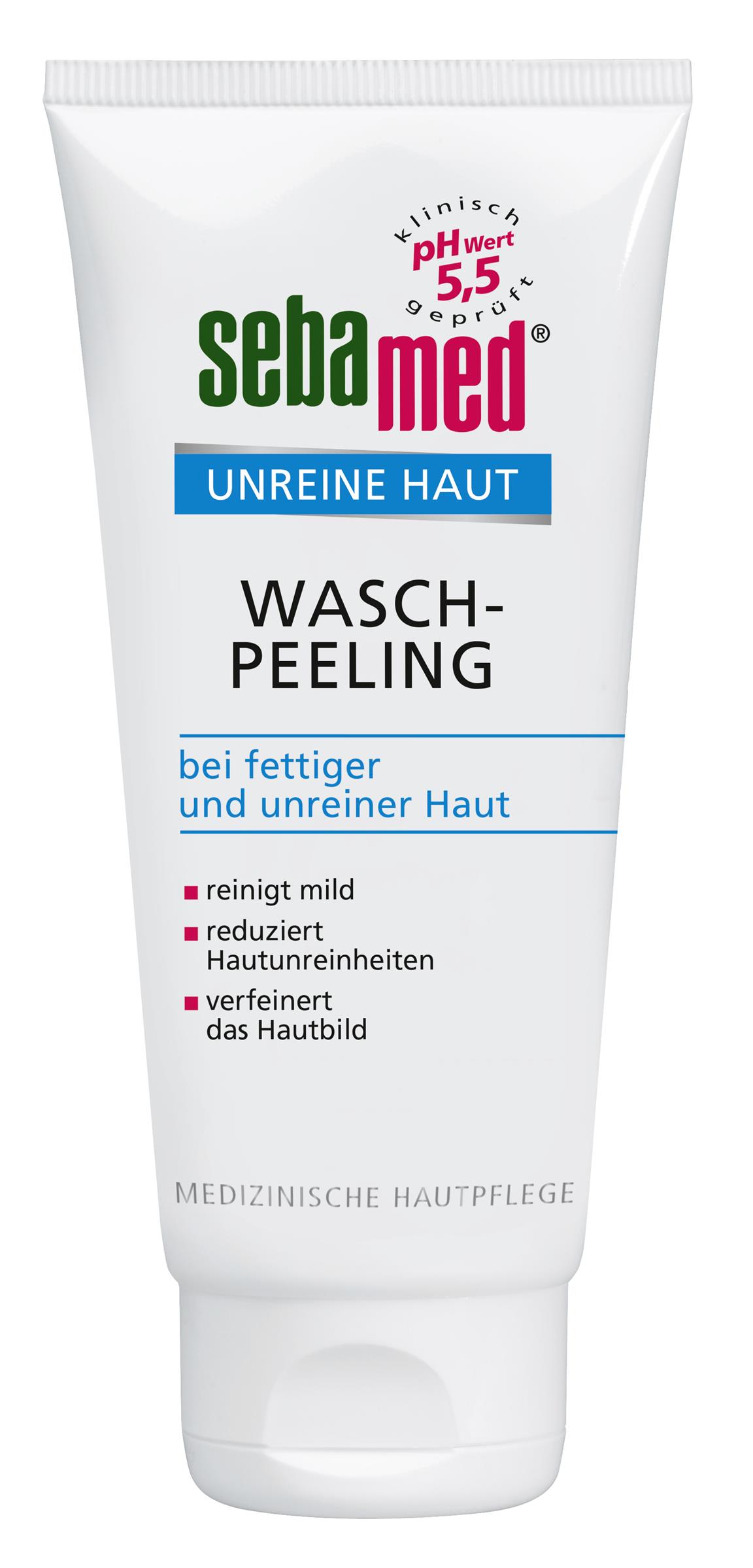 Unreine Haut Waschpeeling (100 ml) mit sanften Peeling-Partikeln auf Basis von natürlichen Lipiden verfeinert das Hautbild. UVP: 6,58 €