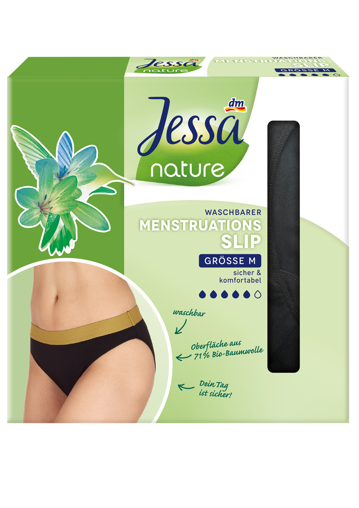 Die waschbaren Menstruationsslips von Jessa nature sind in den Größen S bis XL erhältlich (M und L in allen Filialen, S und XL auf dm.at). 1 Stk. 12,95 Euro.