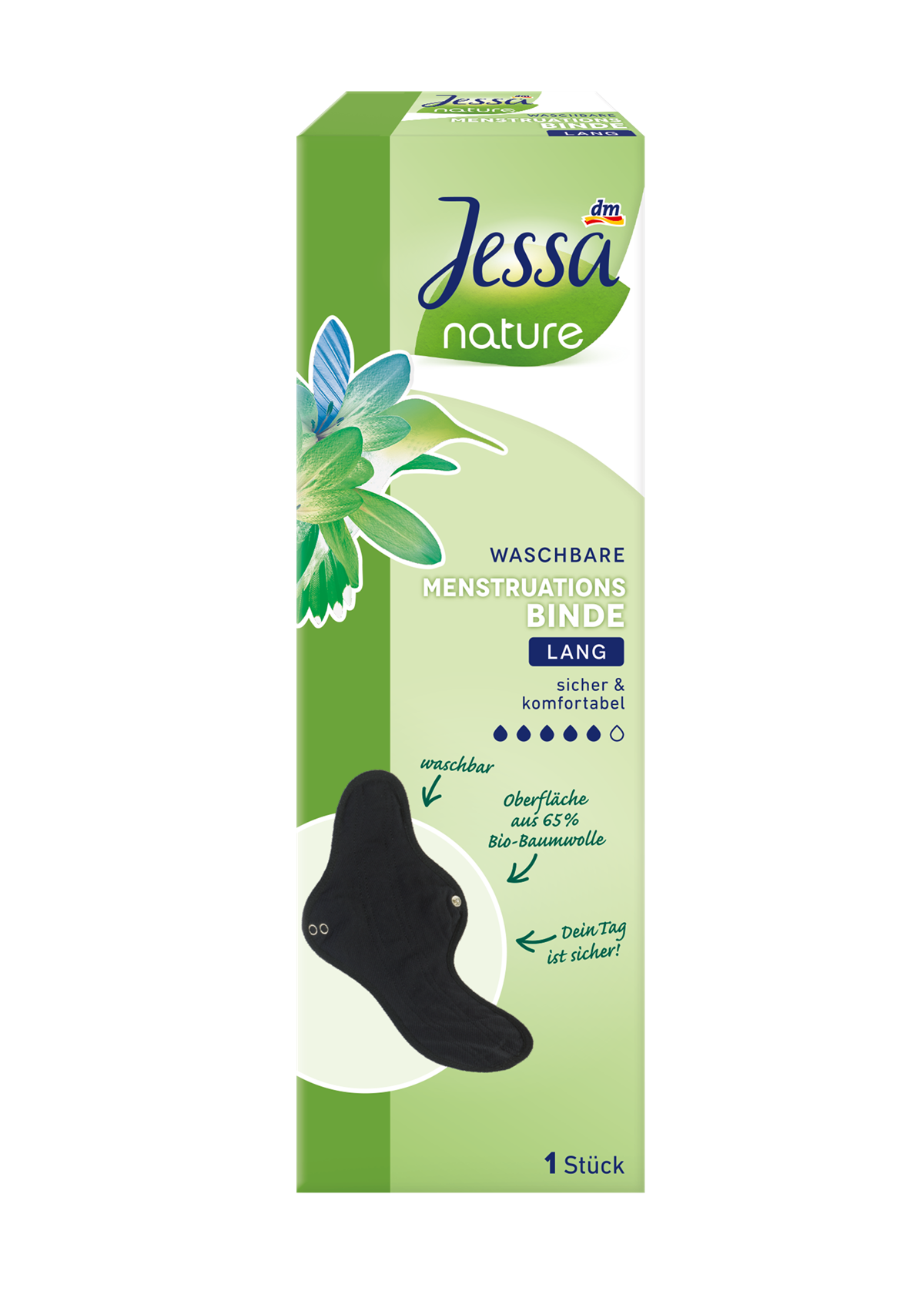Die waschbaren Menstruationsbinden von Jessa nature sind in den Längen „normal“ und „lang“ erhältlich. 1 Stk. 4,95 Euro.